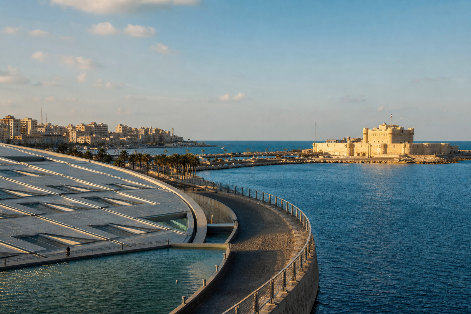 Illustration of Eastern Harbour: the library and Qaitbay Citadel are linked by a curve of shoreline, with ancient ruins suggested underwater.