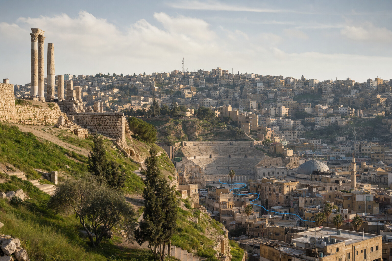 Illustration of Amman's layers: the citadel, Roman Theatre, lower market, and the hill of Jabal Amman.