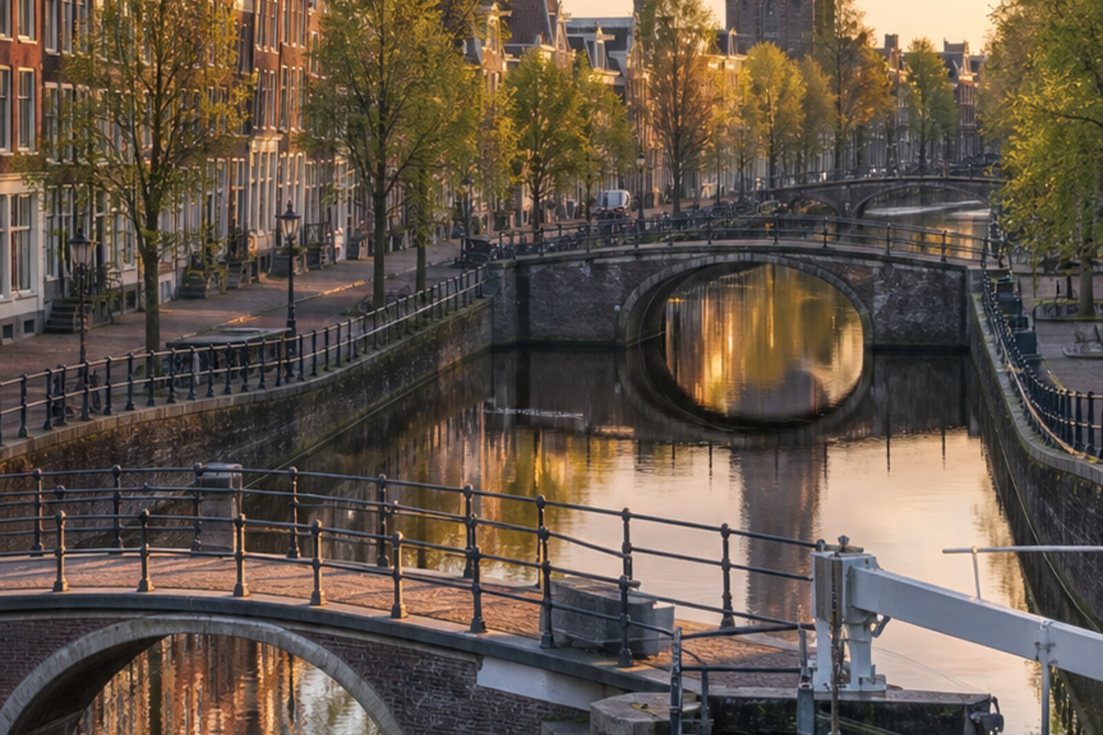 Amsterdam Canal Ring in soft light: a curve of water, bridges, facades, and a distant tower forming a single urban drawing.