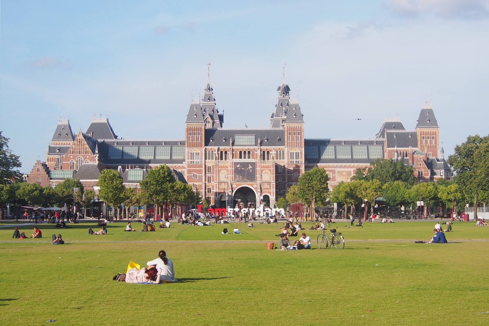 View across Museumplein toward the facade of the Rijksmuseum.
