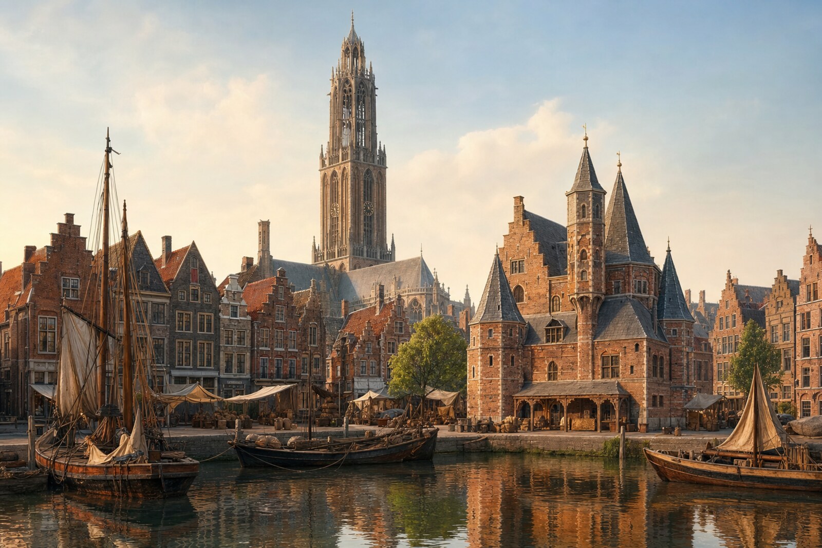 Route cover: Amsterdam's old port, canals, a church tower, and the weigh house.