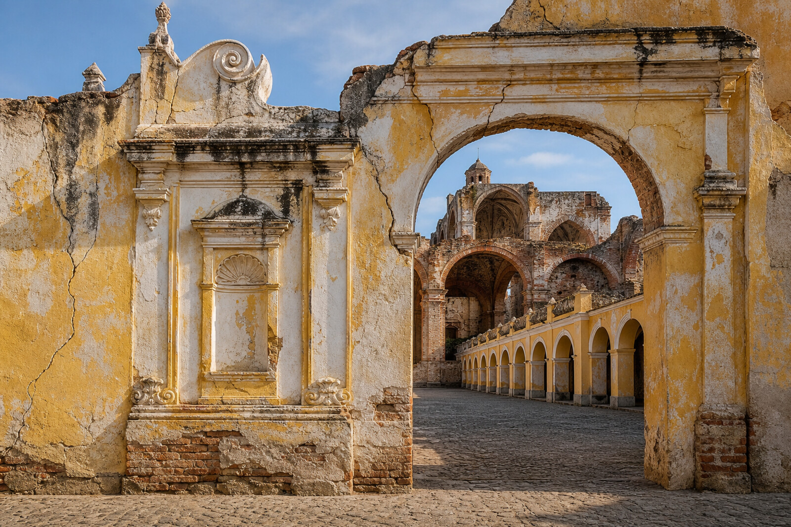 An artistic composition of a low Baroque facade, an arch, open cathedral vaults, and a palace gallery in Antigua Guatemala