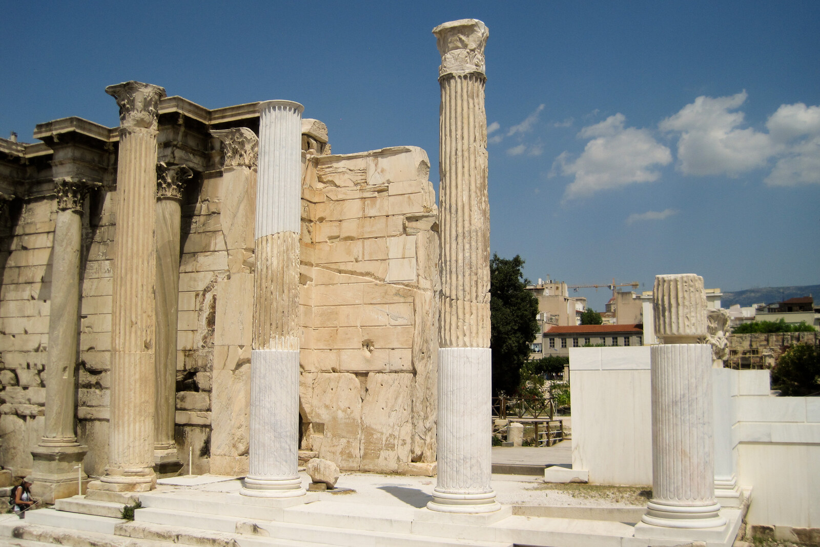 A marble wall with Corinthian columns—the facade of Hadrian's Library