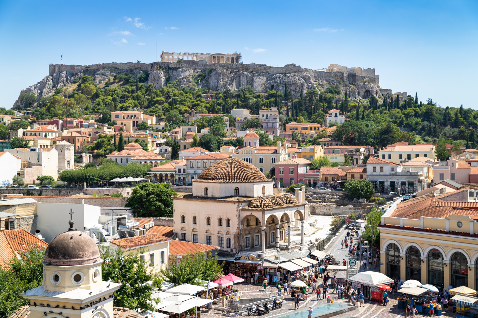 Monastiraki Square with the mosque dome, a church, and a view of the Acropolis of Athens