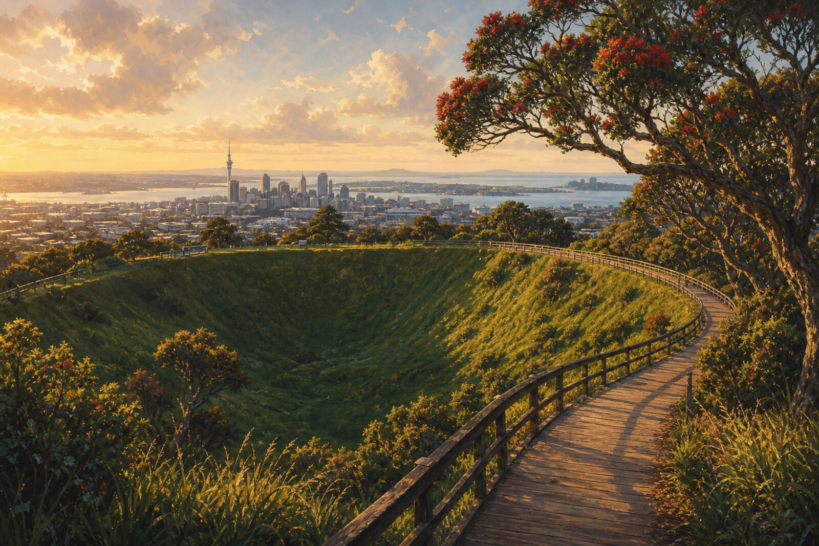 Route cover: Maungawhau, the crater, boardwalk, and city views of Auckland.