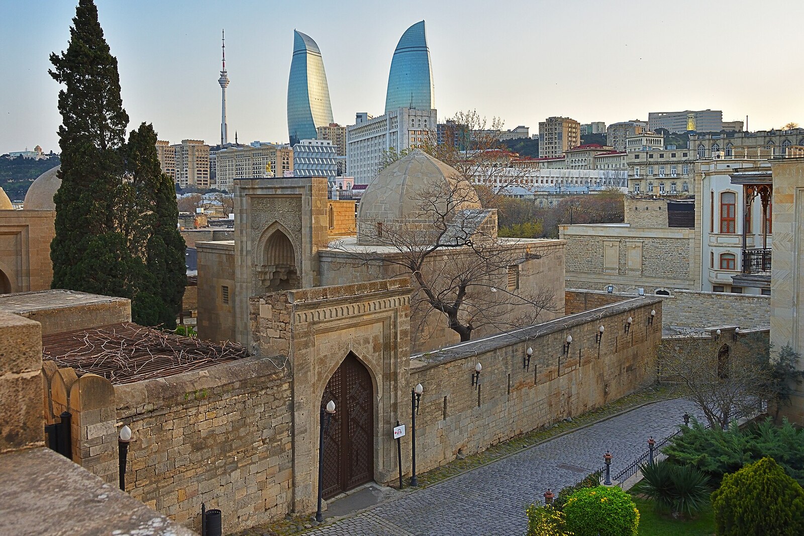 Stone buildings and terraces of the Palace of the Shirvanshahs.