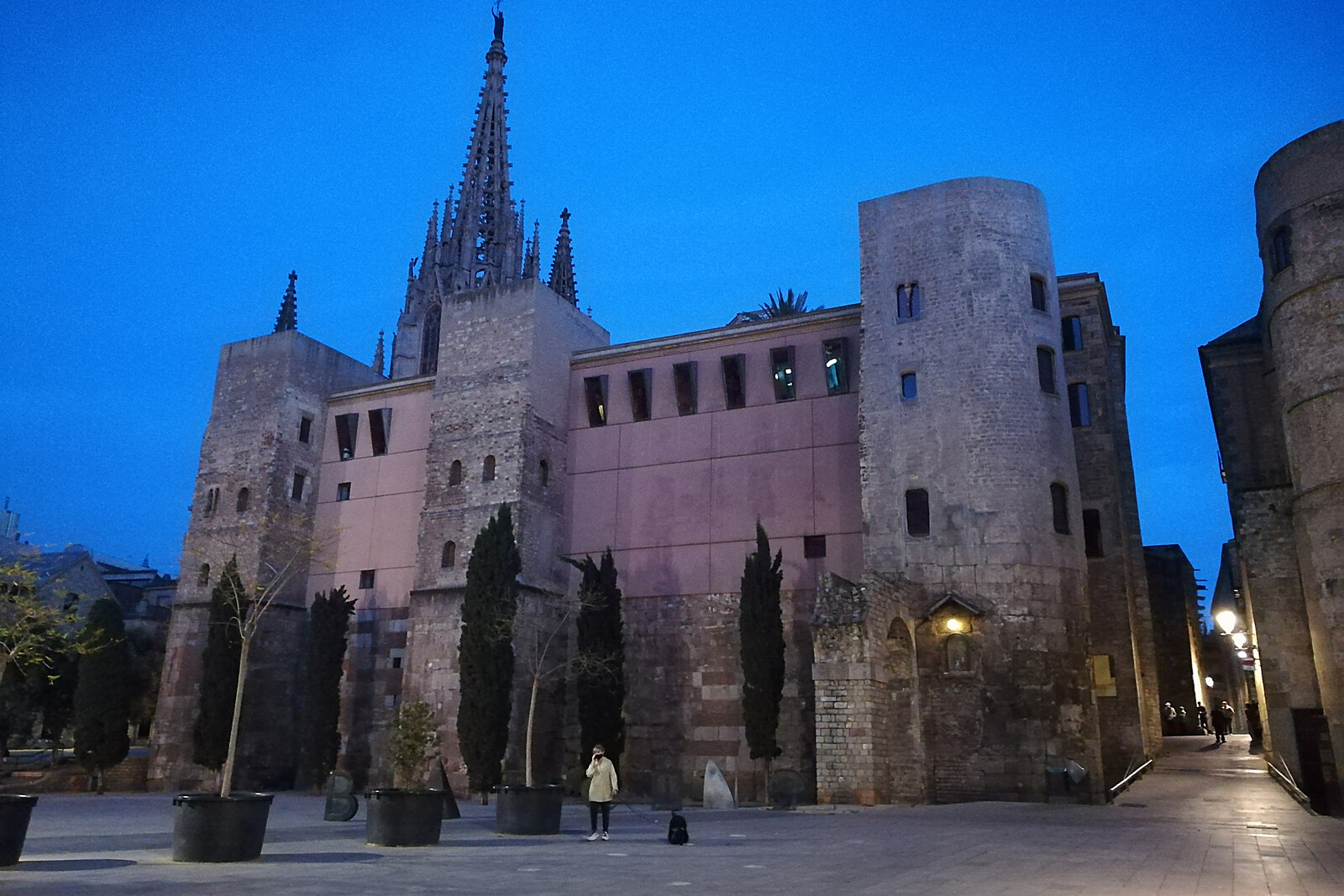 Two stone towers of the Roman wall and a fragment of an ancient fortress in Barcelona