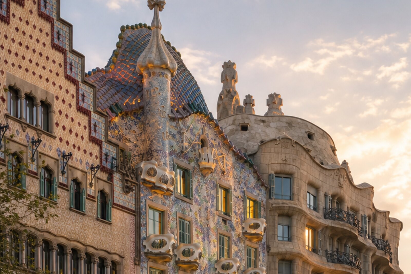 Route cover: modernist Eixample, Illa de la Discòrdia, Casa Batlló, Casa Milà, and city façades.