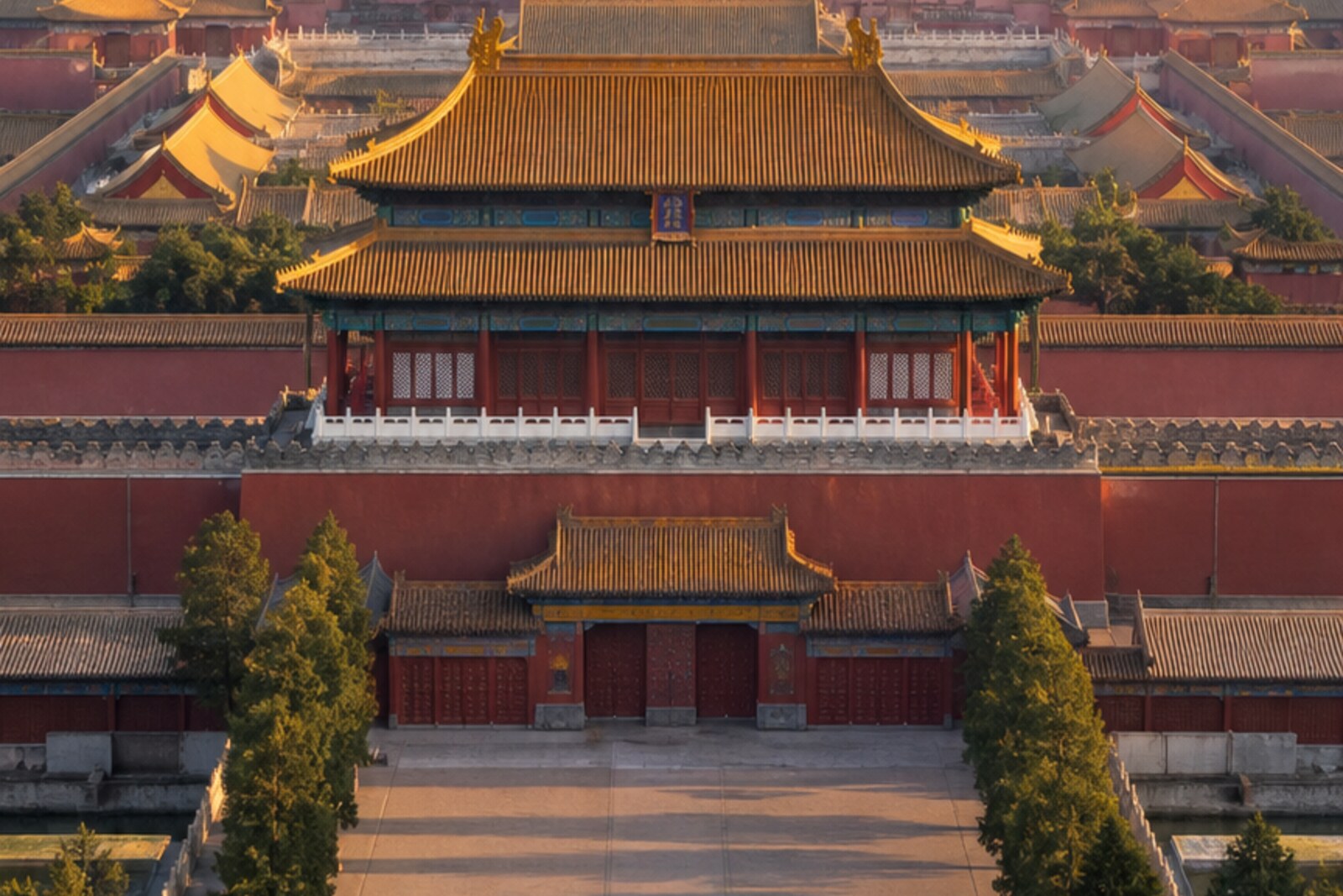 A view of the Forbidden City's roofs from Jingshan Hill, where the Beijing Central Axis reads as a single line.