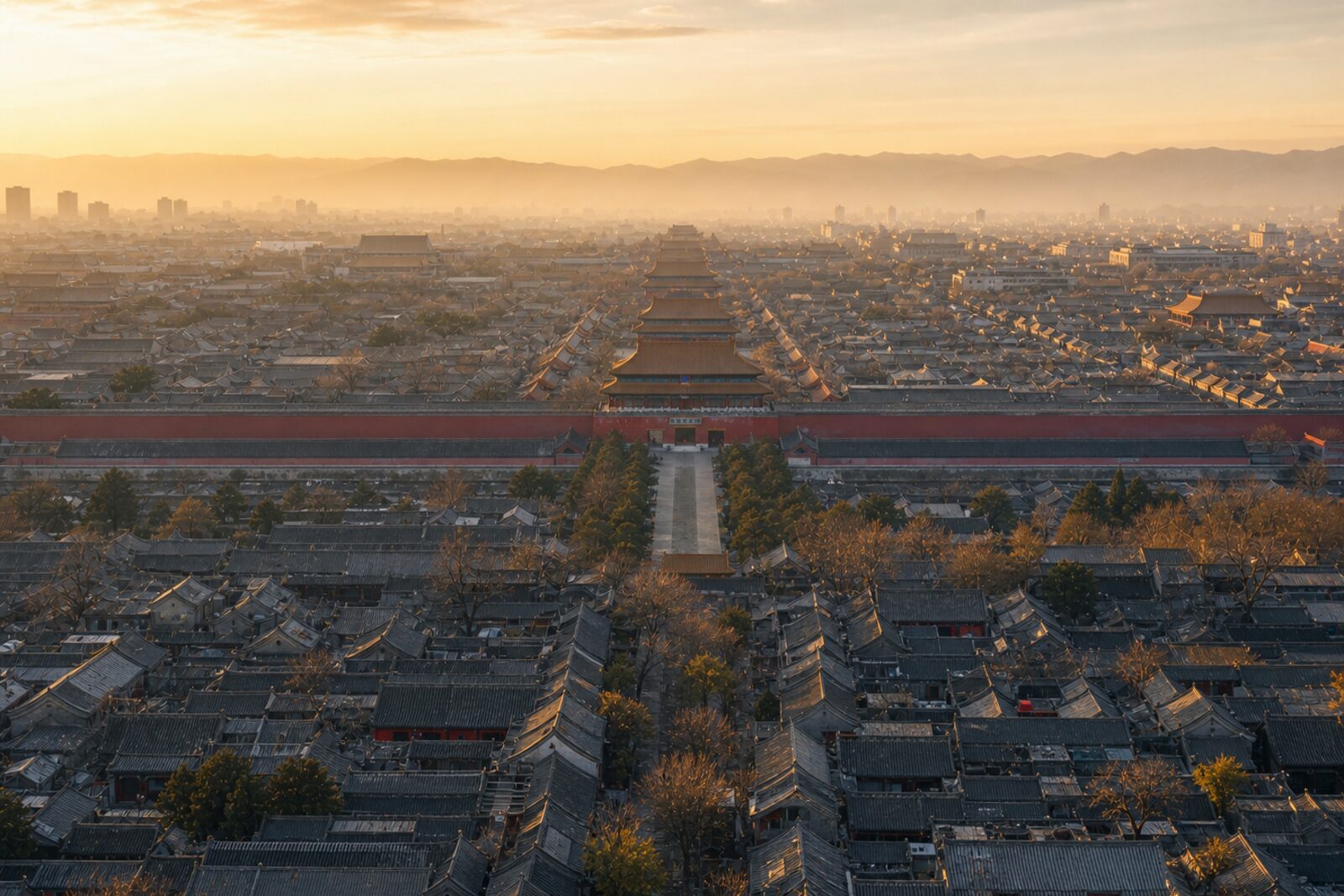 Beijing's central axis at dawn: gray roofs, red walls and distant mountains