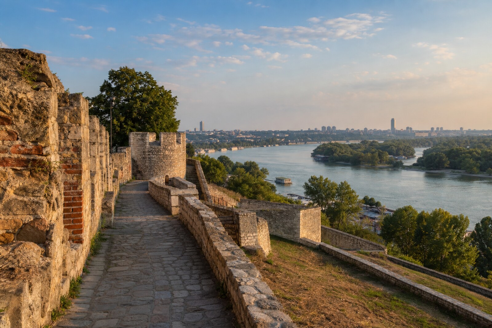 Generated editorial cover for the route: the walls of Belgrade Fortress, a path along the rampart, and a view of the rivers.