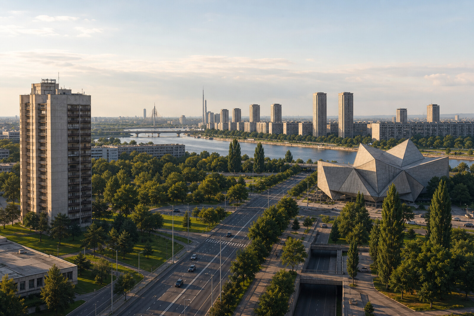 Stylized view of New Belgrade with broad boulevards, green trees, and concrete towers against a bright sky