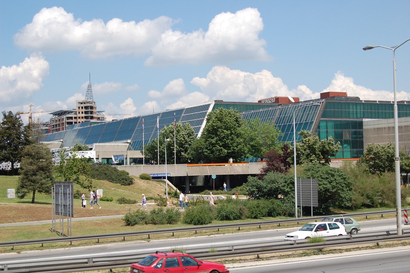 The blue glass facade of Sava Centar in Belgrade