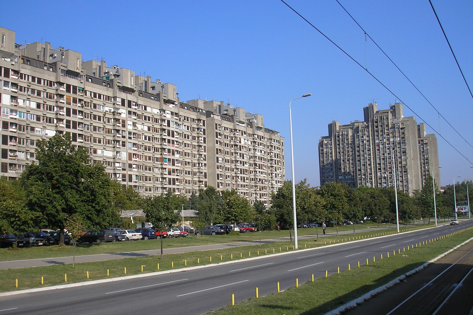 Massive concrete residential towers and blocks of Block 23 in New Belgrade