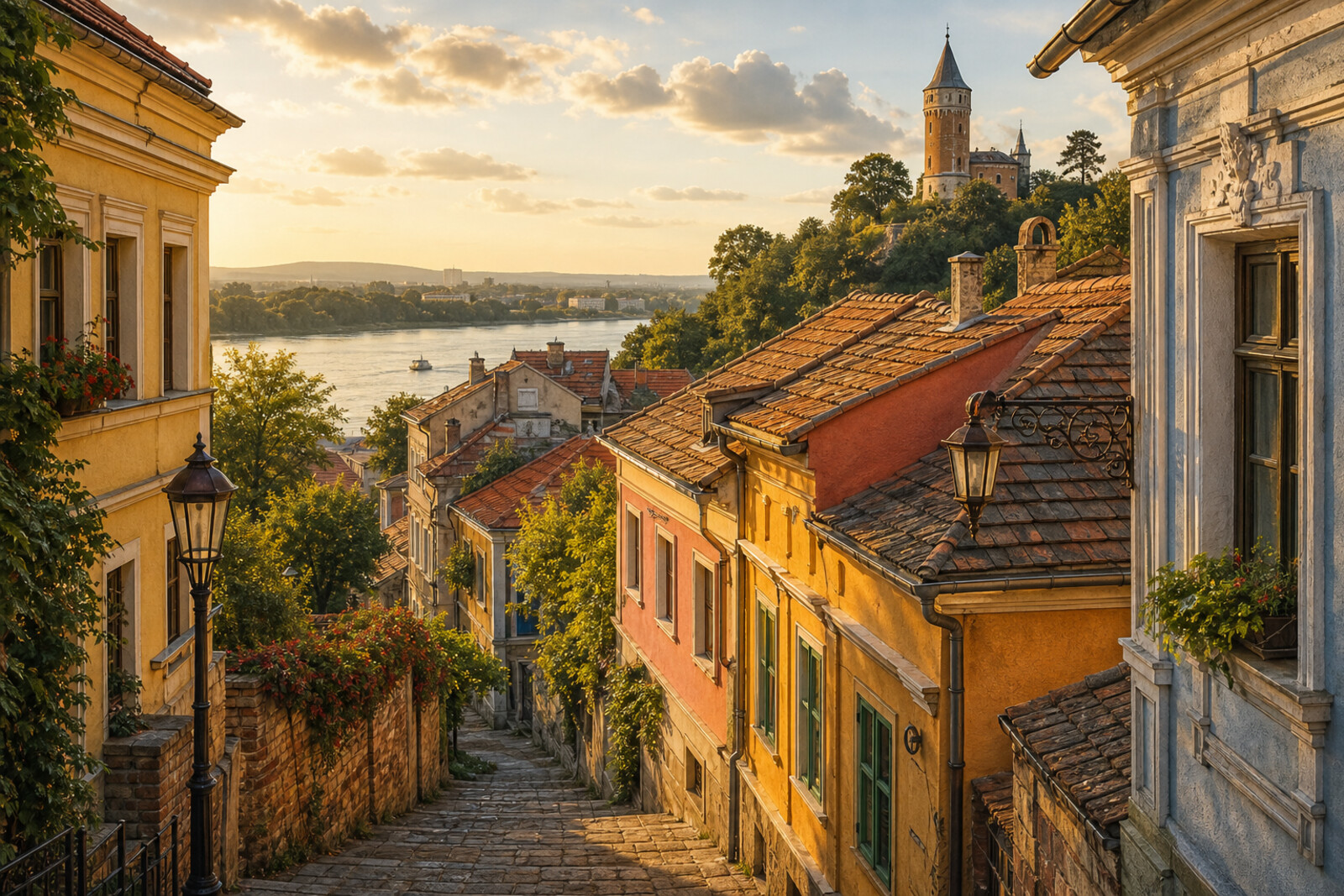 Baroque houses and Millennium Tower against the Danube, representing Old Zemun.