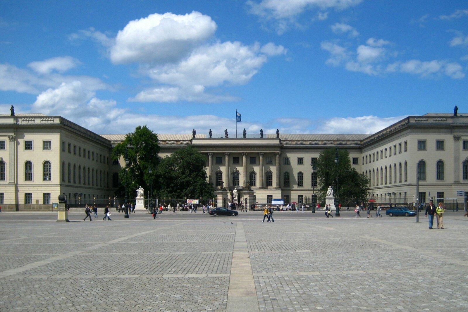 The façade of Humboldt University of Berlin's main building, with columns and sculptures