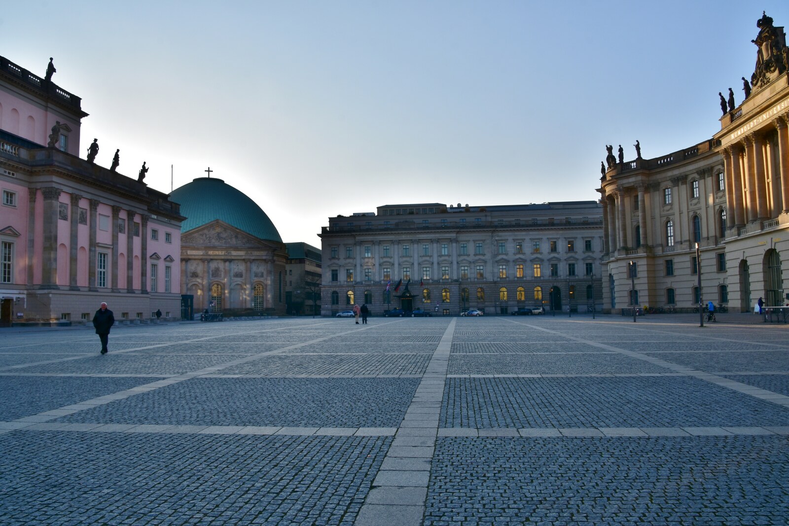 Panoramic view of Bebelplatz with the Berlin State Opera, the Old Library, and the cathedral