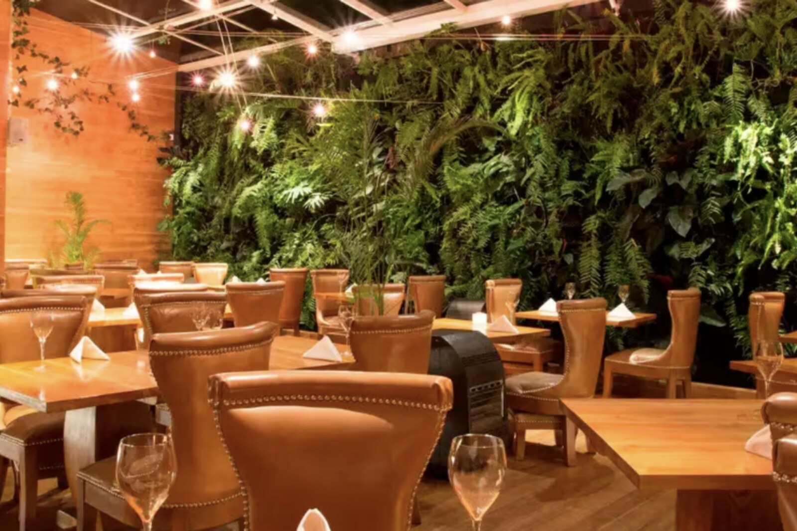 Empty dining room at El Cielo restaurant in Bogotá's Zona G, with tables, leather chairs, warm lighting, and a green plant wall.