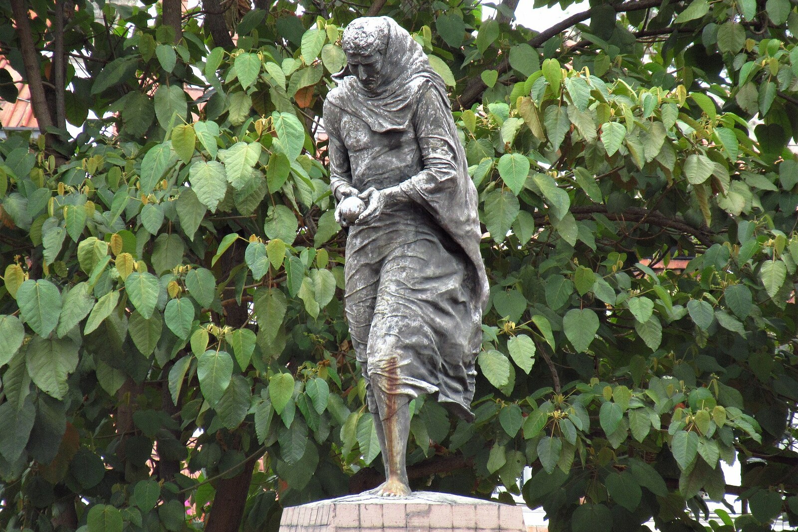 Fotografía: estatua de bronce de Giordano Bruno en un pequeño parque con árboles.