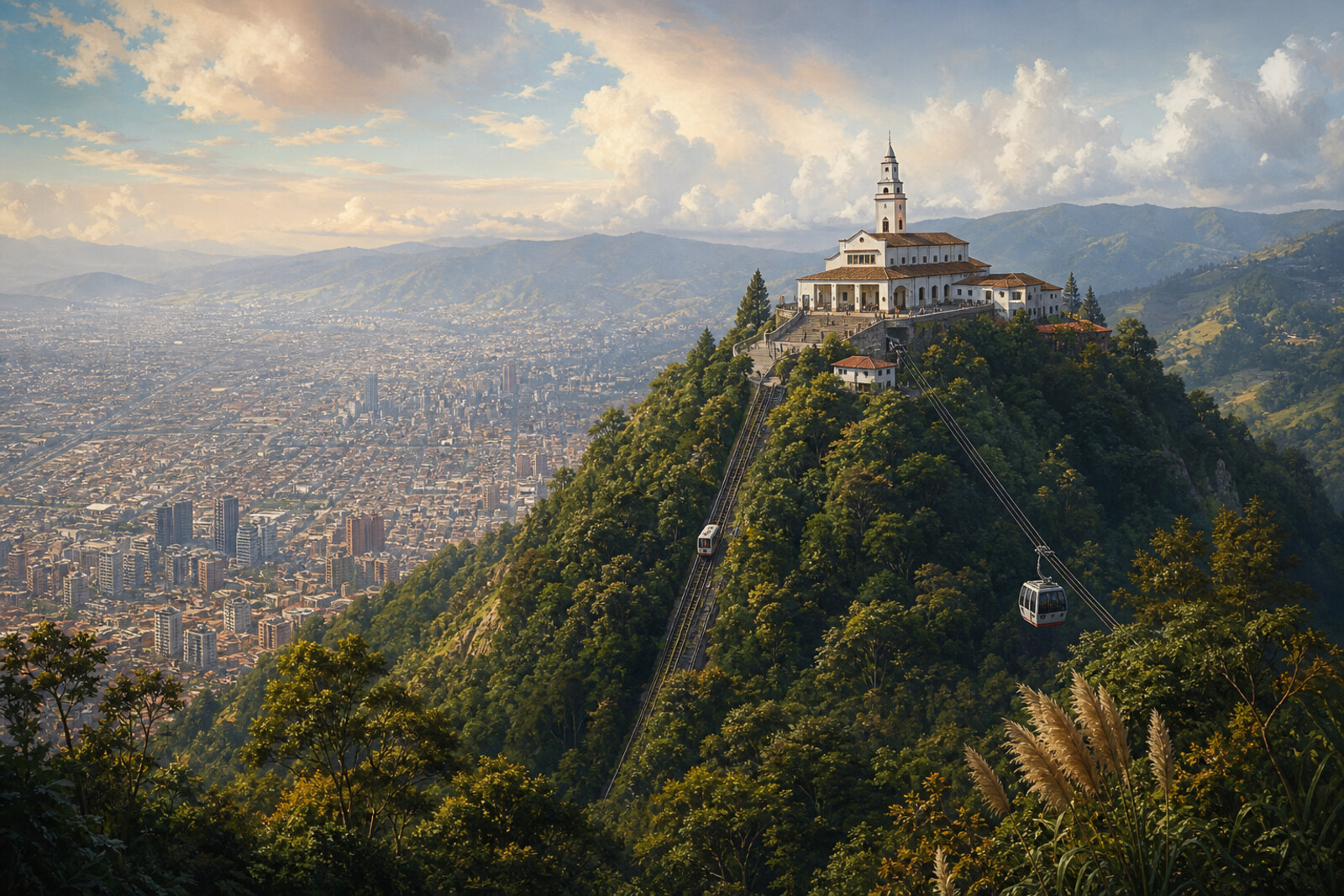 Generated cover image: Bogotá's Eastern Hills, the Monserrate trail, the sanctuary, and the city spread out in cool morning light.