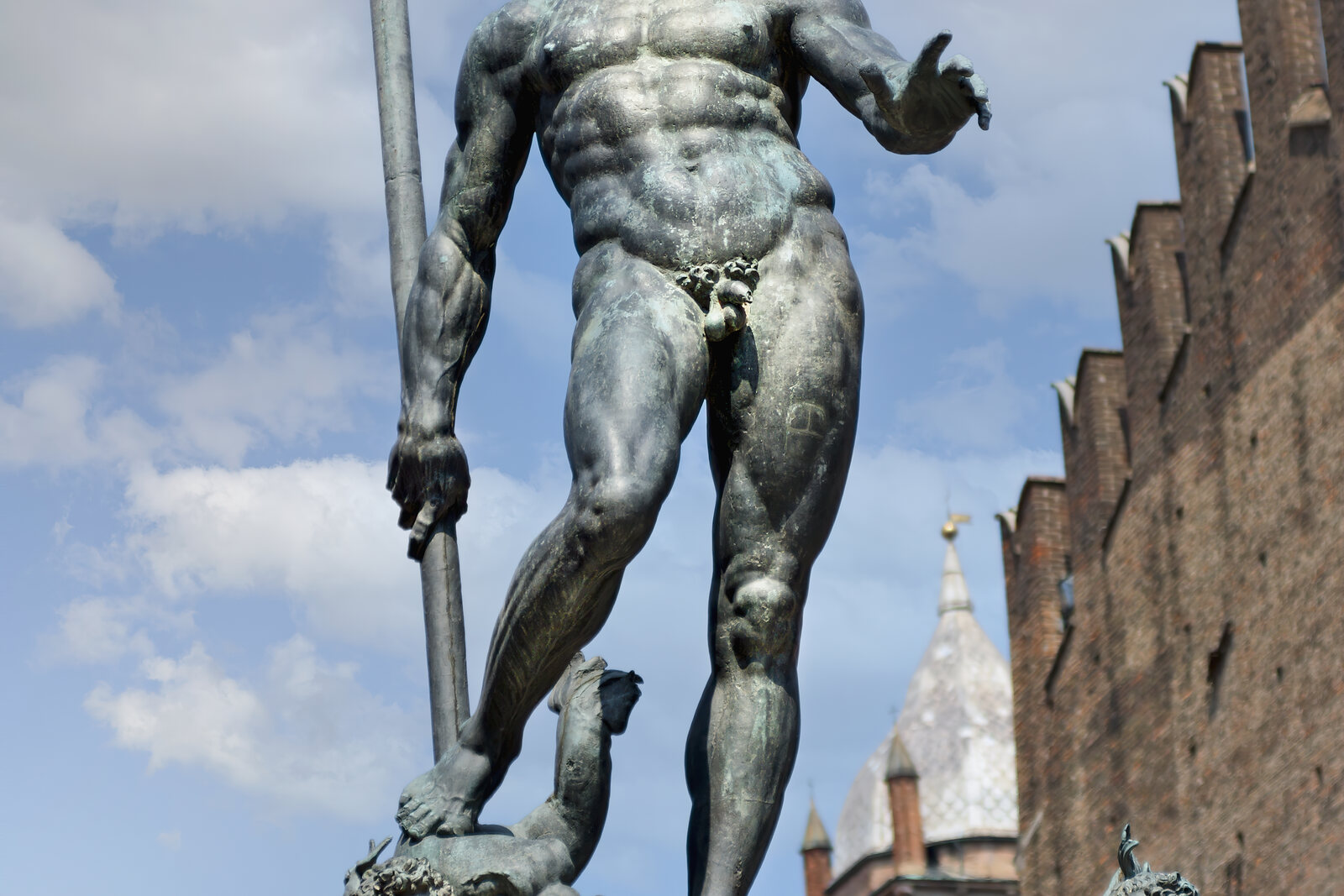The bronze Fountain of Neptune on Piazza del Nettuno in central Bologna