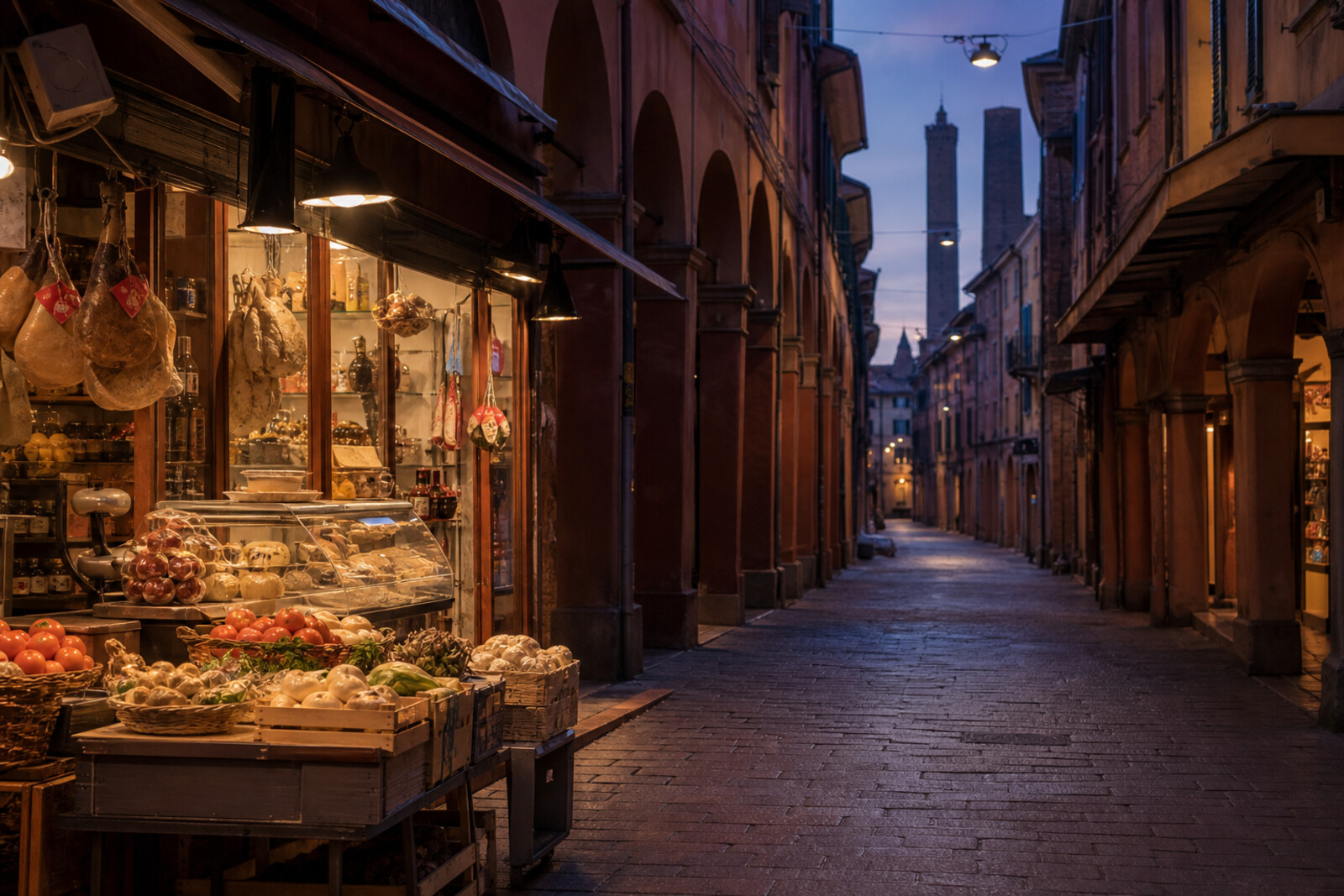 Palazzo dei Banchi Arch opens onto an evening view of Quadrilatero's food alleys and the market roof.