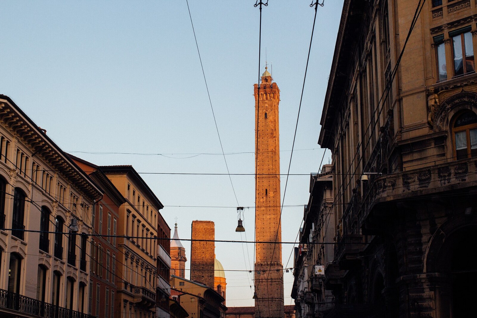 Bologna’s two medieval towers—the tall Asinelli Tower and the short, leaning Garisenda Tower