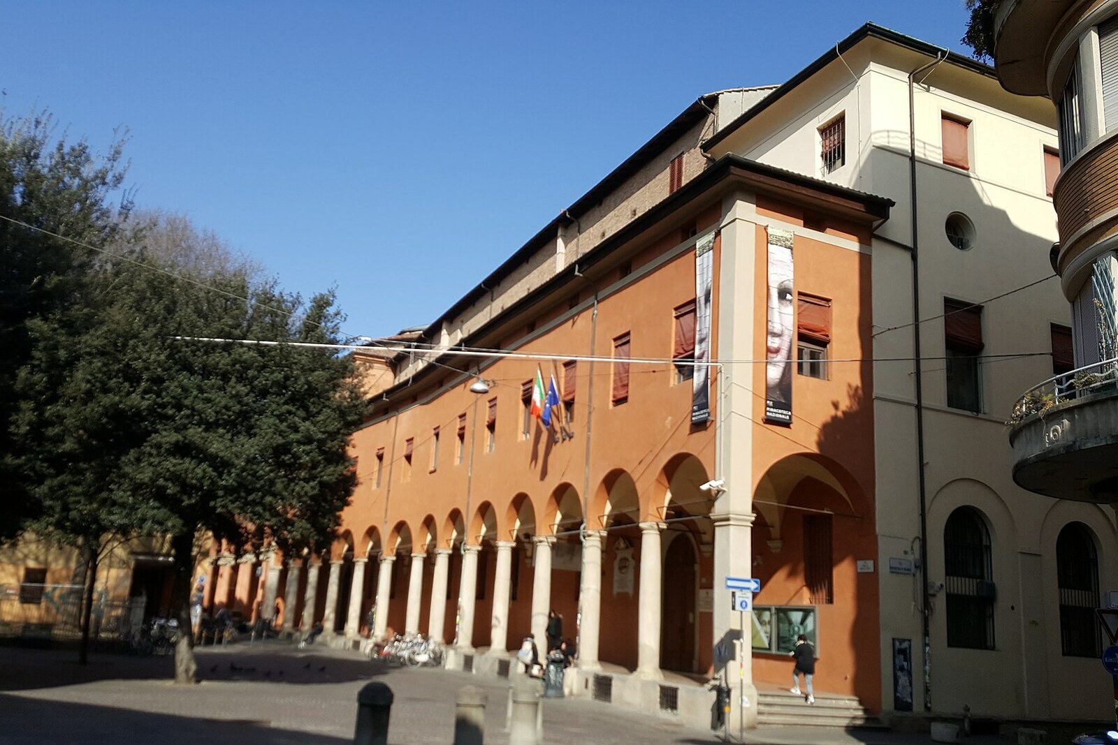 Facade of the National Pinacotheca of Bologna at the corner of Via delle Belle Arti