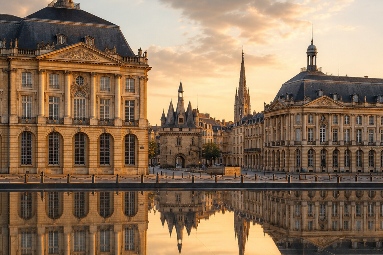 Evening Bordeaux, with pale stone reflected in Miroir d'eau and the river mood of the Port of the Moon.