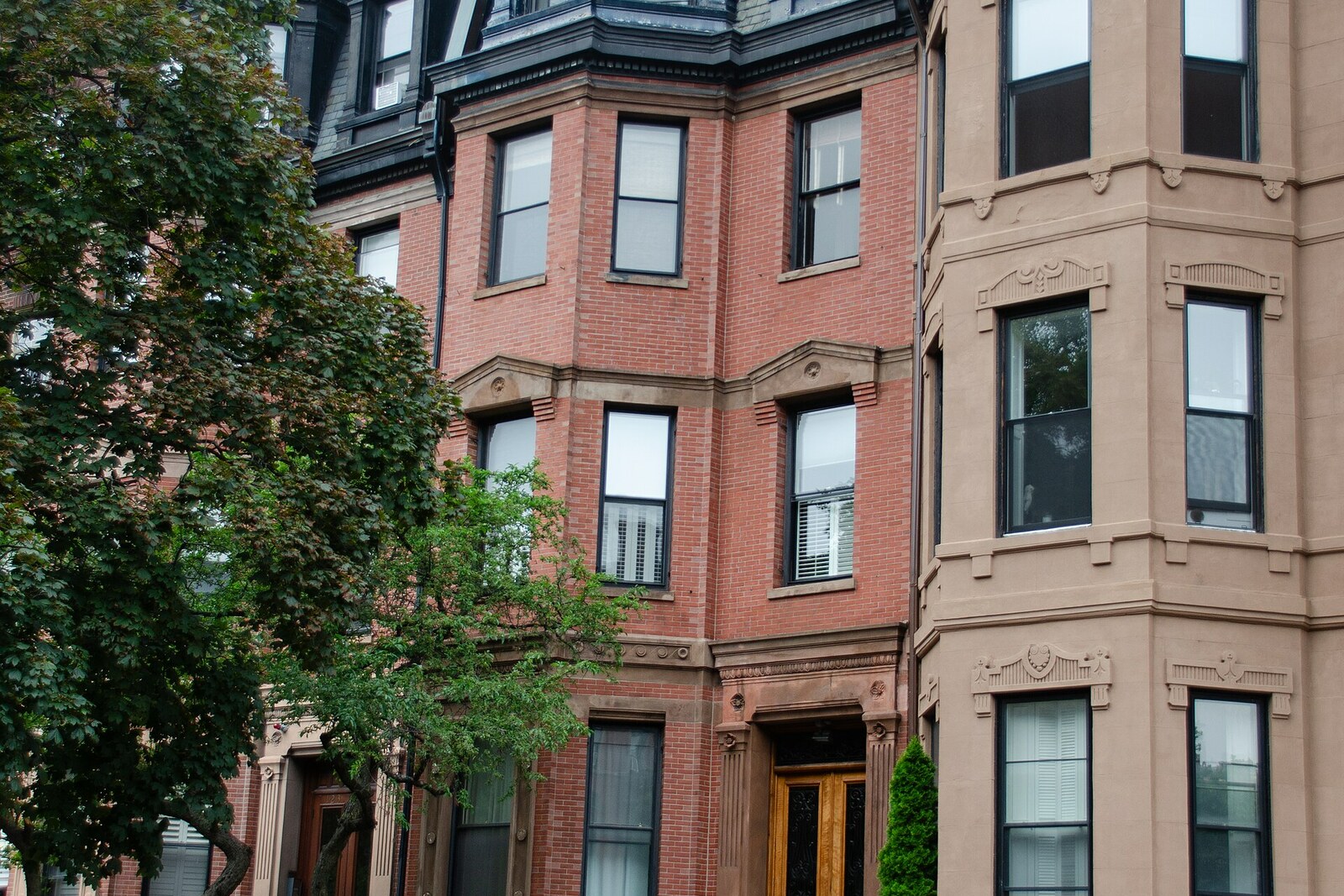 Brick brownstone facade on Marlborough Street in Back Bay.