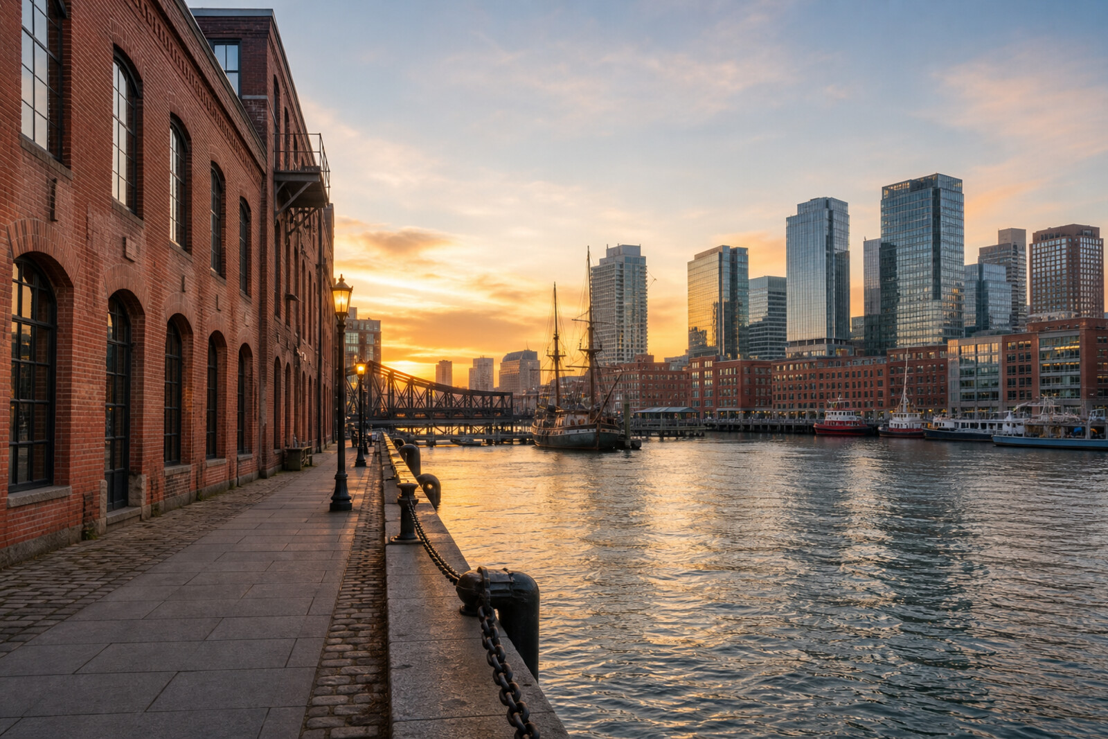 Generated cover image: Fort Point Channel, brick warehouses, Congress Street Bridge, and the new Seaport waterfront by the water.