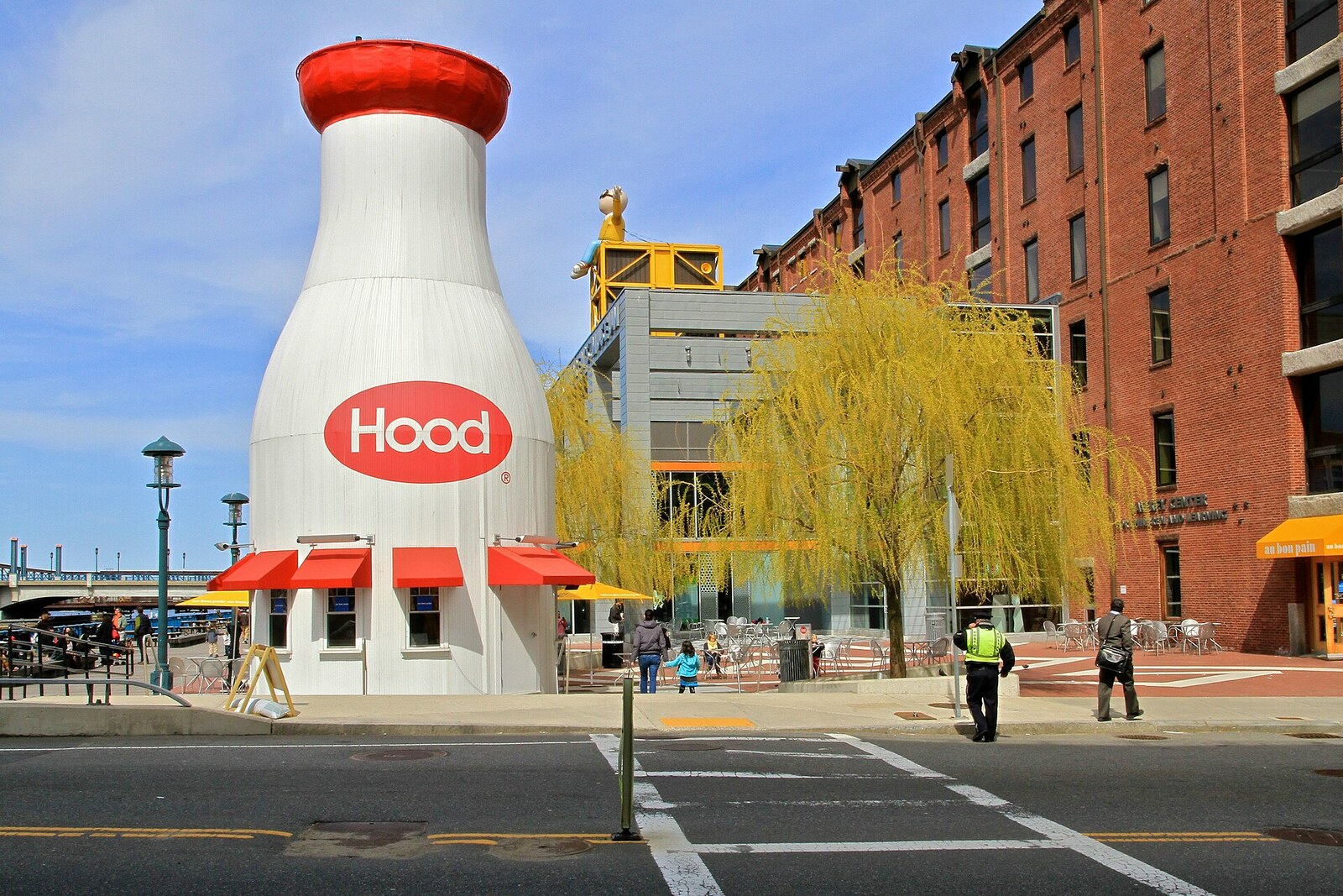 A wooden milk bottle beside Boston Children's Museum.