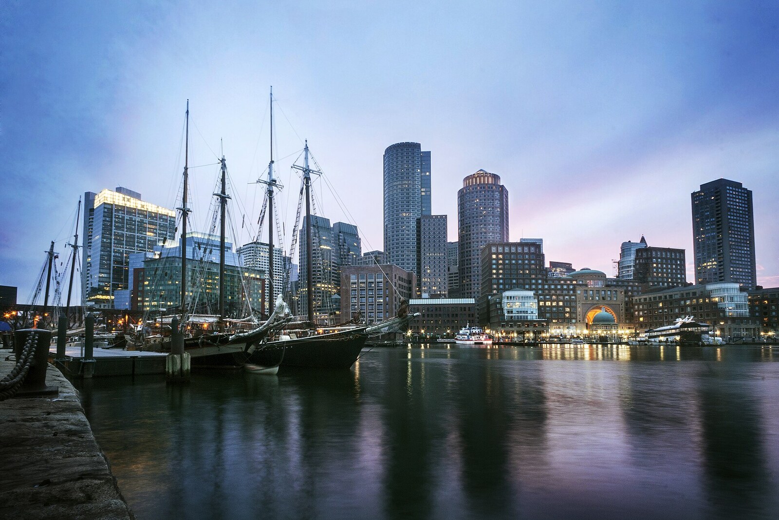 View of Boston Harbor and downtown Boston from Fan Pier.