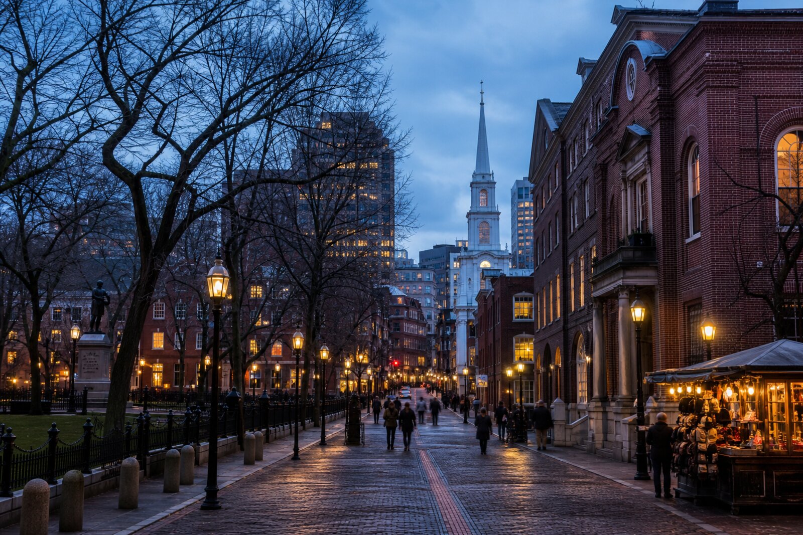 Generated cover: the red line of the Freedom Trail, Boston's brick center, and the spire of Old North Church in evening light.