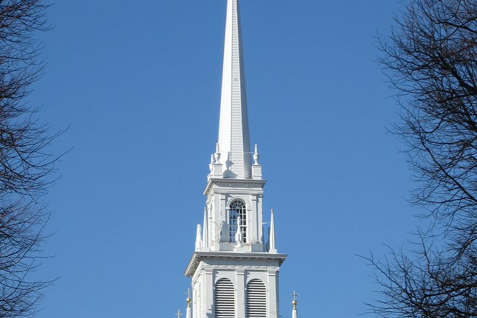 The spire and bell tower of Old North Church in the North End.