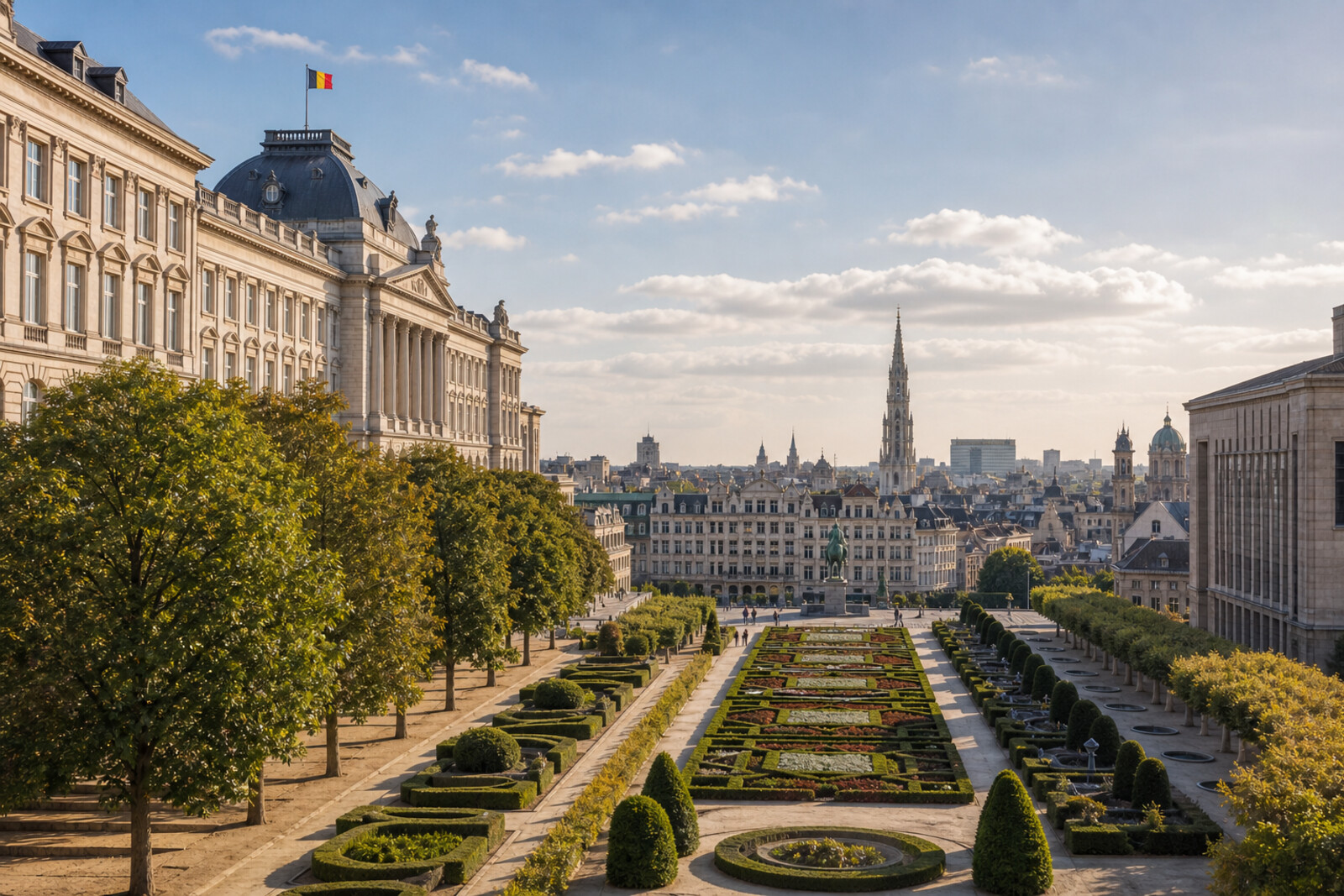 Illustration of the royal hill with a park, palace and terraced gardens in Brussels