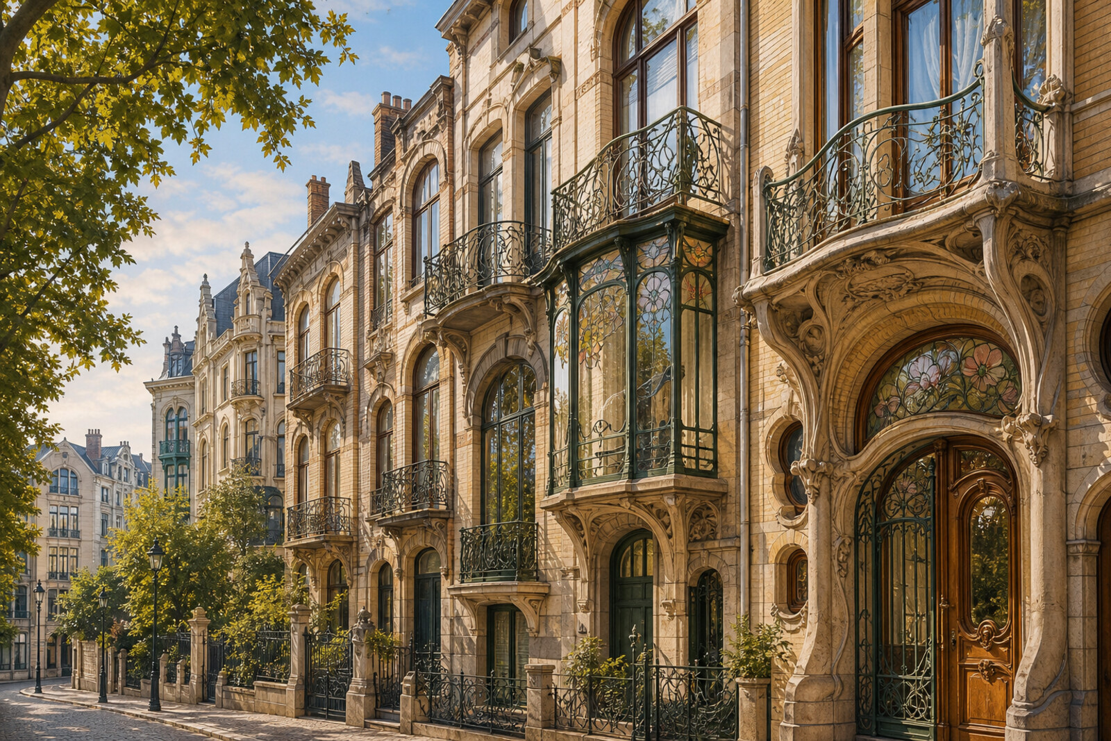A stylized cityscape of Brussels with Art Nouveau motifs: curling balconies, decorative facades, and stained glass against a soft morning sky.