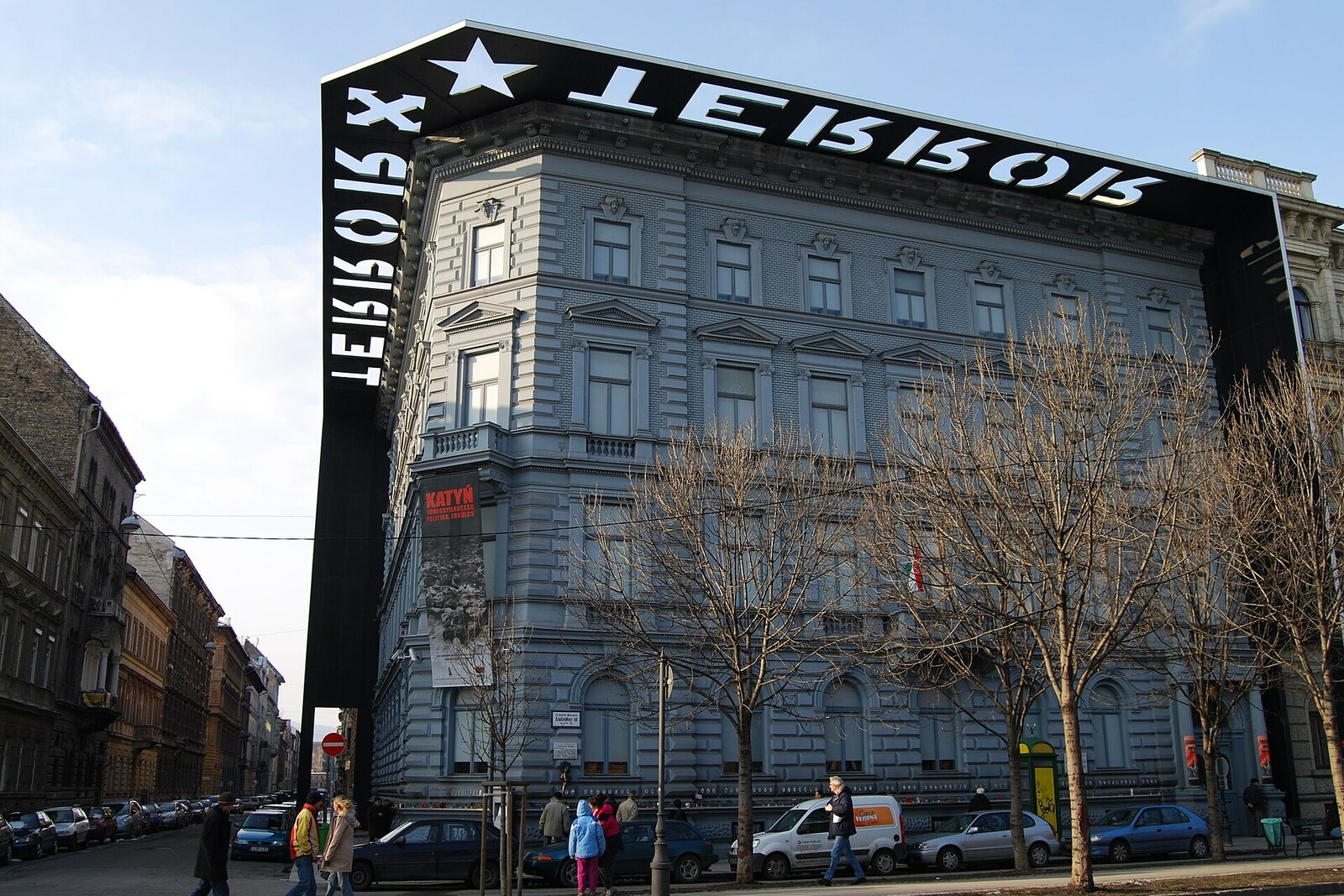 The black façade of the House of Terror Museum on Andrássy Avenue in Budapest.
