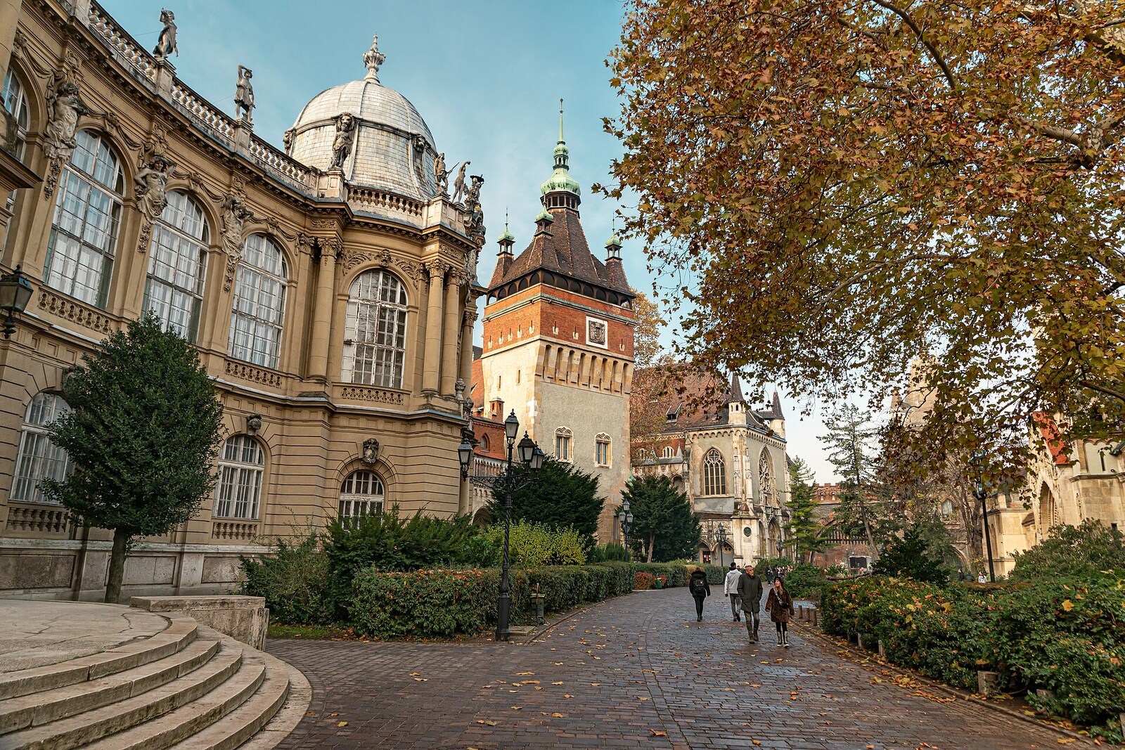 The facade and towers of Vajdahunyad Castle in Budapest's City Park.