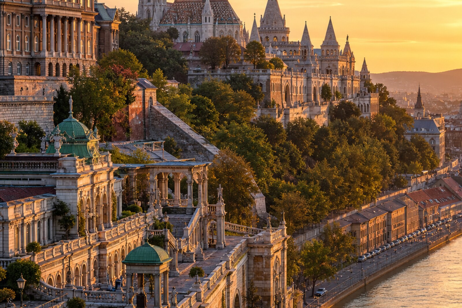 Buda Castle Hill above the Danube in warm evening light.