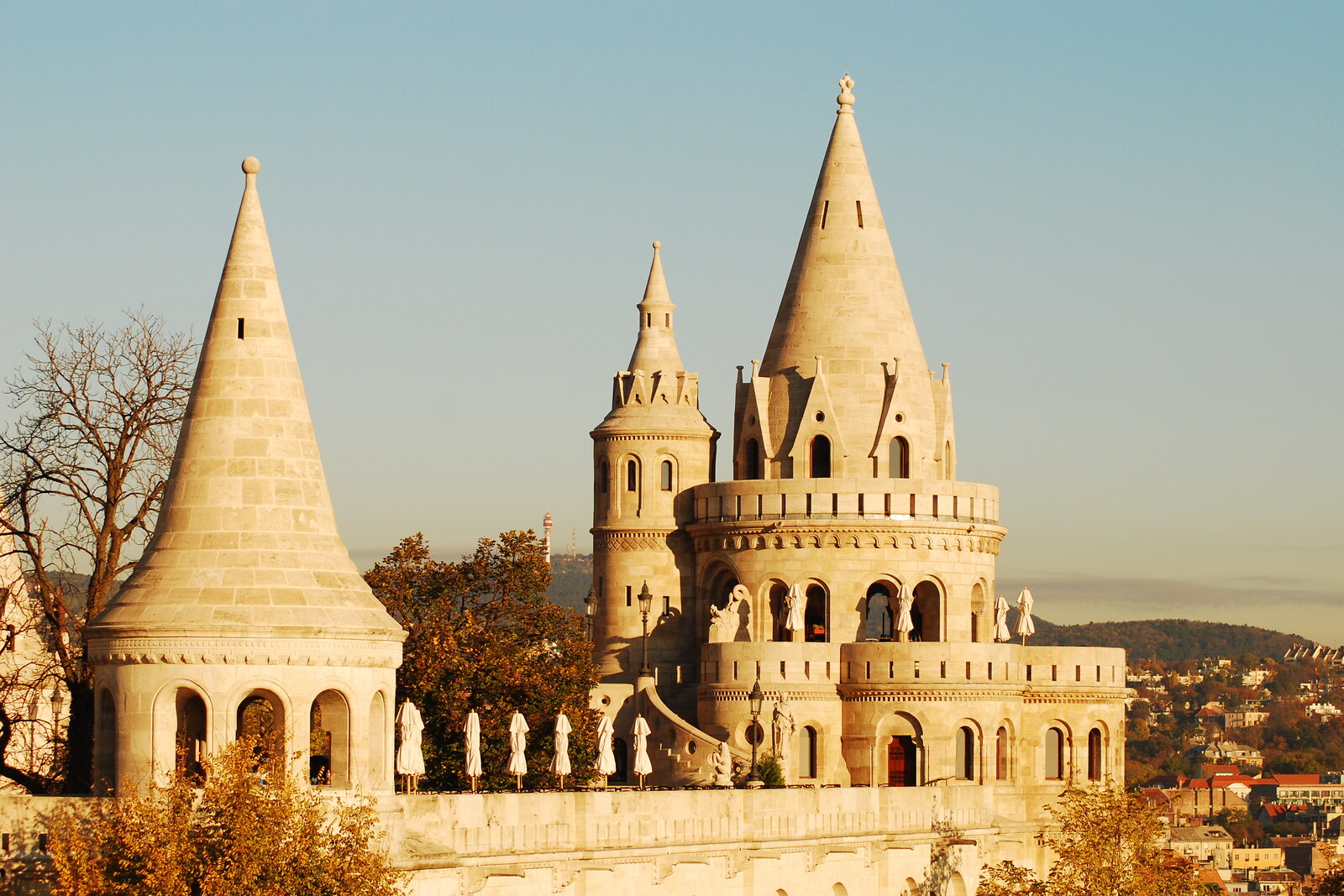 The stone towers of Fisherman's Bastion above the slope of Buda.
