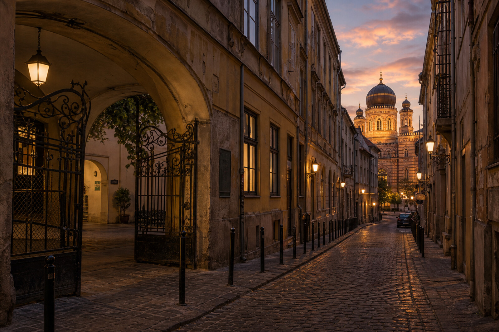 Generated cover: a courtyard in the Budapest Jewish Quarter, synagogue architecture, and an evening city layer.