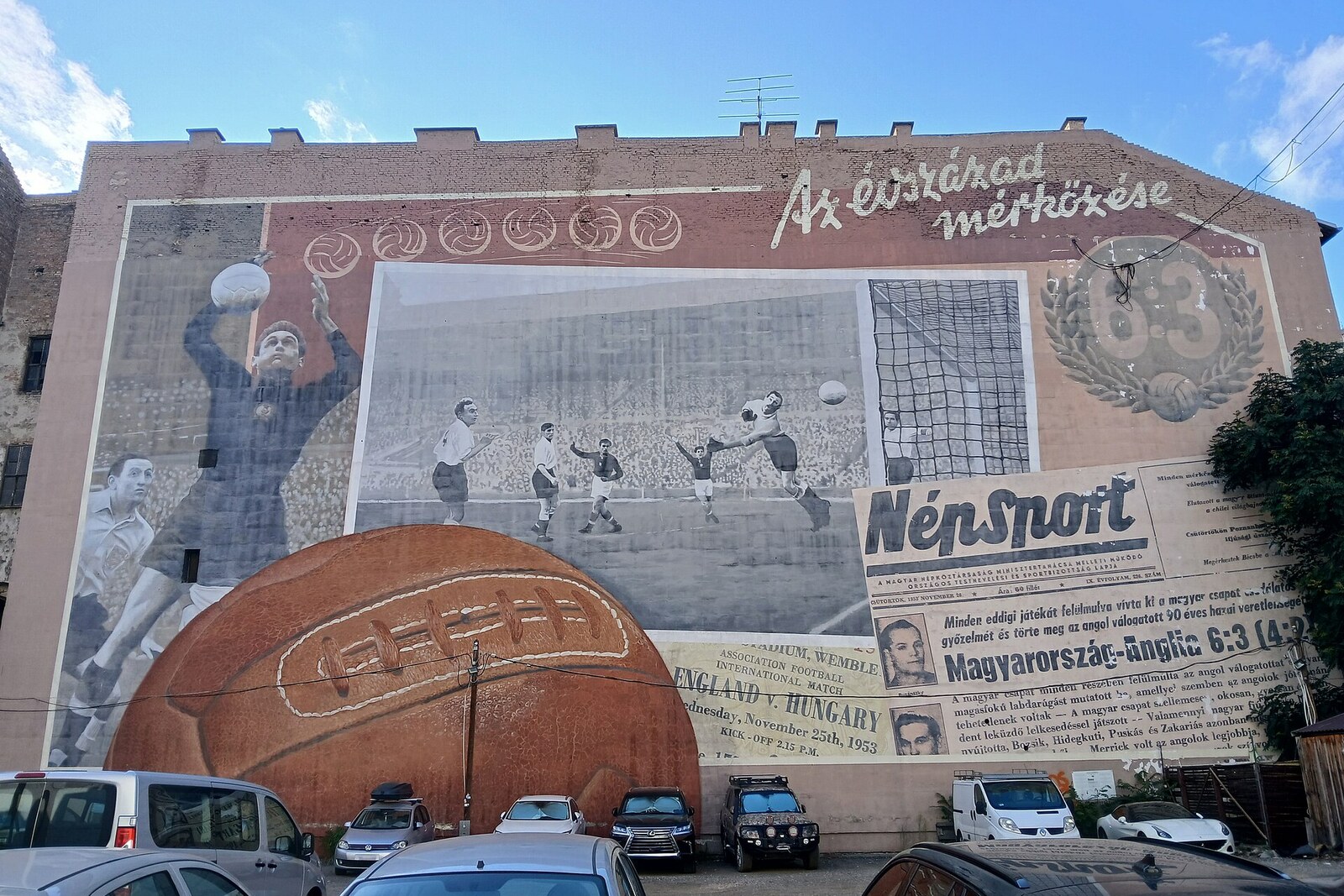 A mural about the Match of the Century of 1953 on a wall in the Budapest Jewish Quarter.