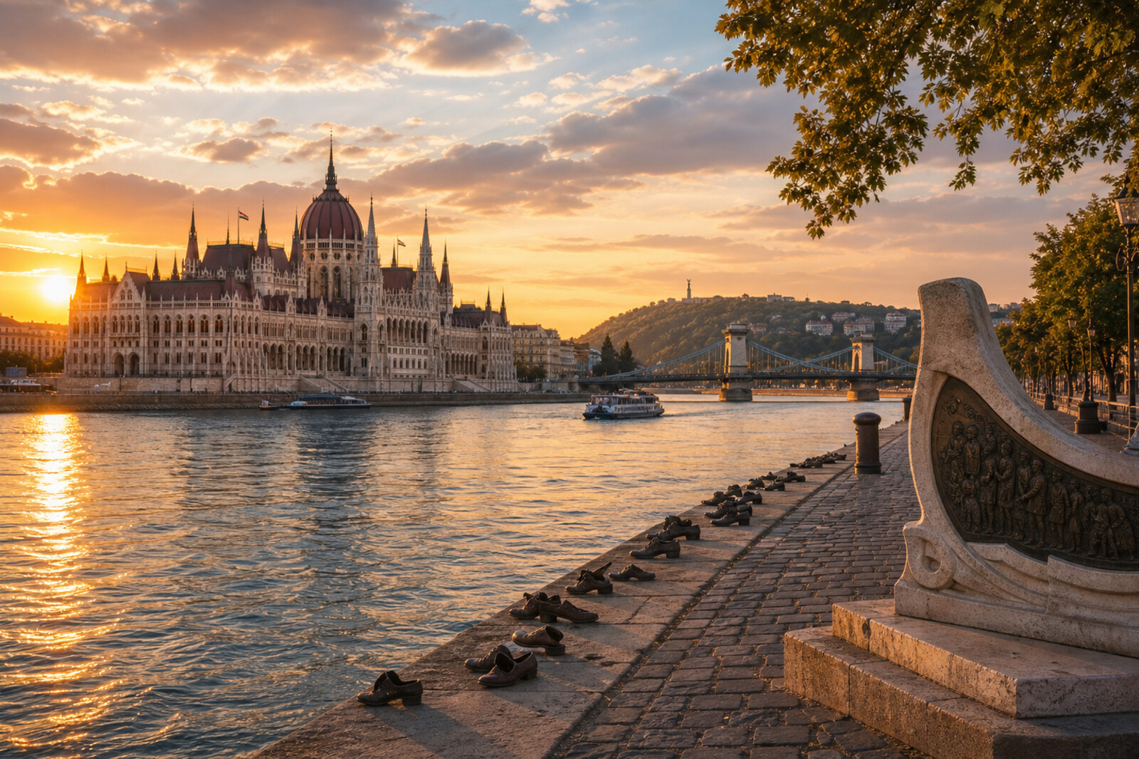 Route cover: Pest on the Danube, parliament, bridges, and urban memory