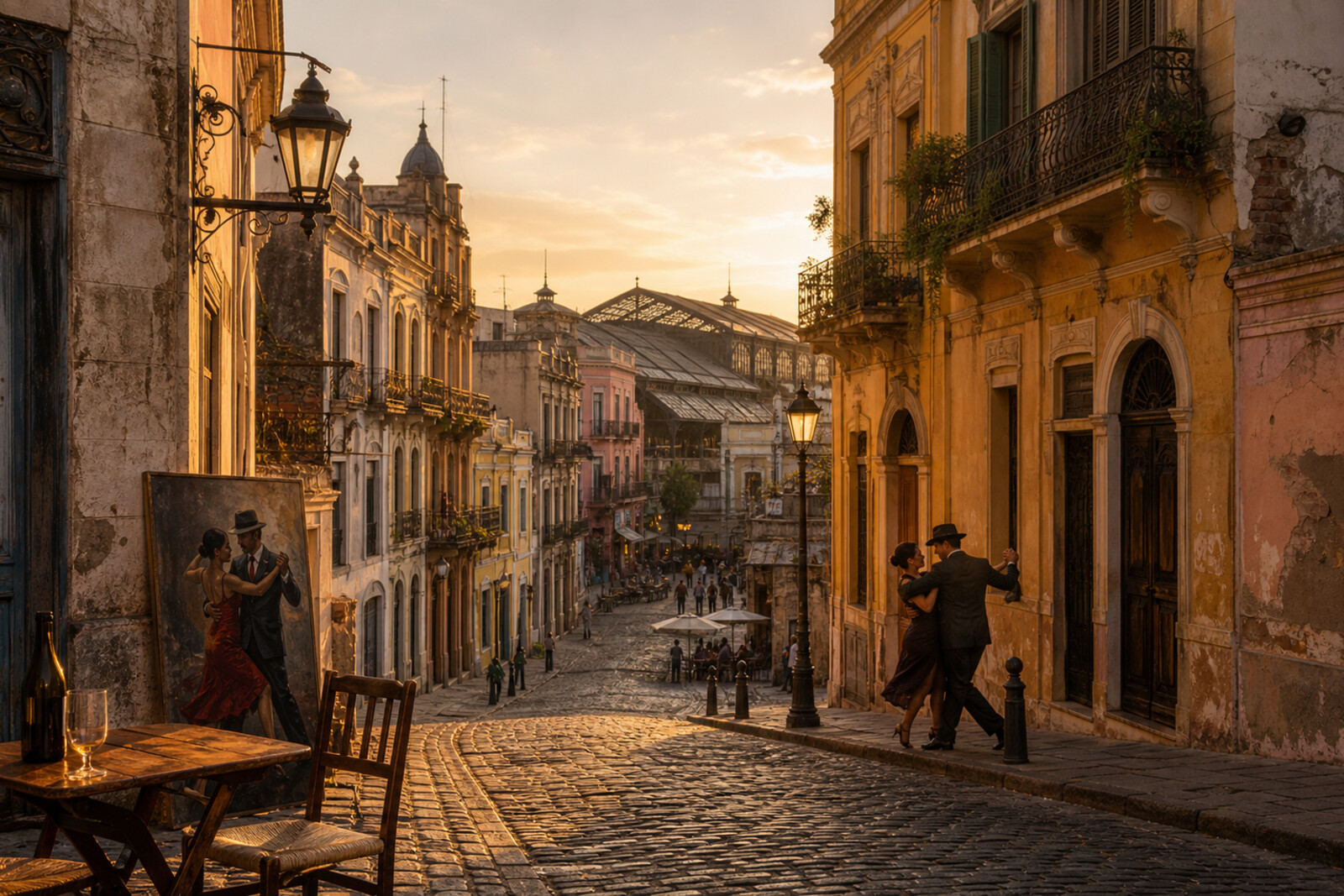 Route cover: a San Telmo street, the market dome, and the silhouette of a tango couple