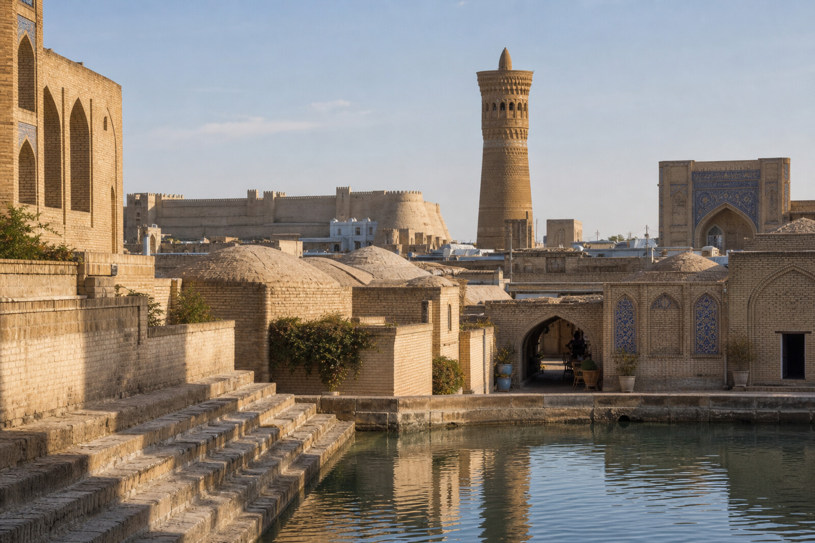 Lyab-i Hauz, the trading domes, Kalyan Minaret, and the walls of the Ark of Bukhara are linked in a diagram of the city's flows of water, trade, and power.