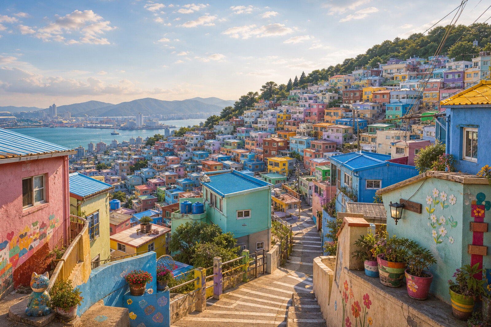 Illustration of pastel houses on the hillside in Gamcheon, leading down to the port.