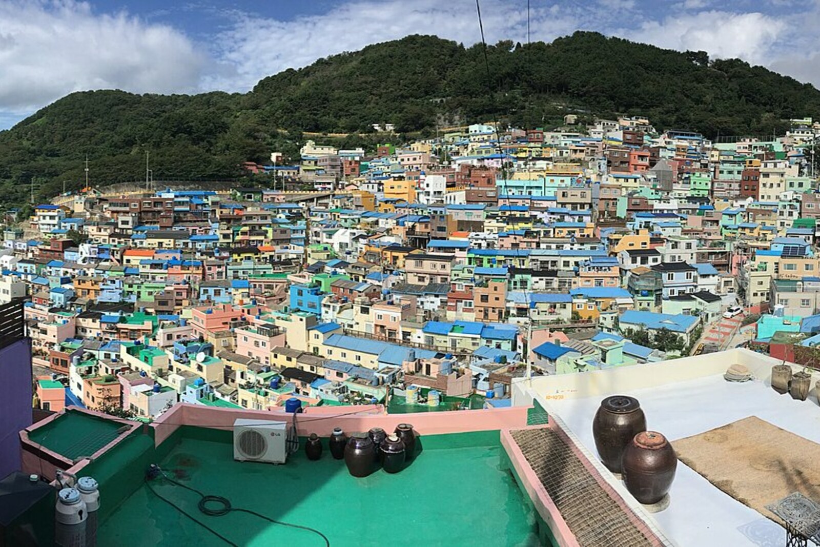 Panoramic view of Gamcheon's pastel terraced houses and the port.