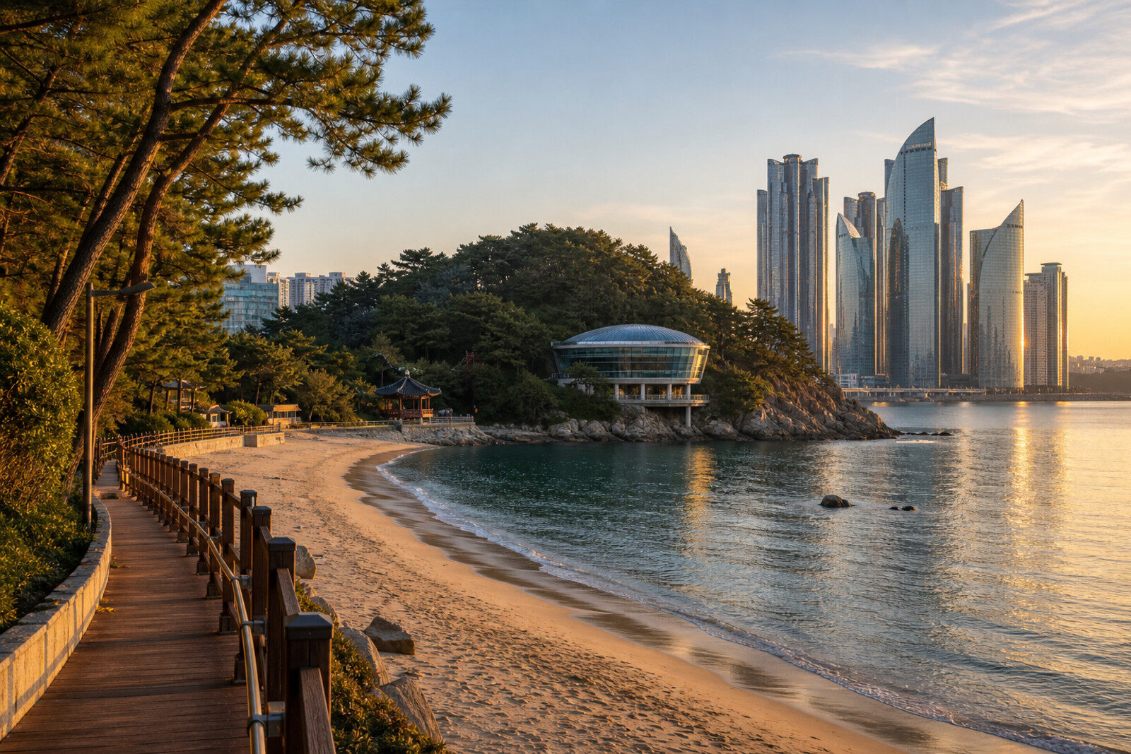 Route illustration: Haeundae Beach, green Dongbaekseom Island, and the Marine City skyline at sunset