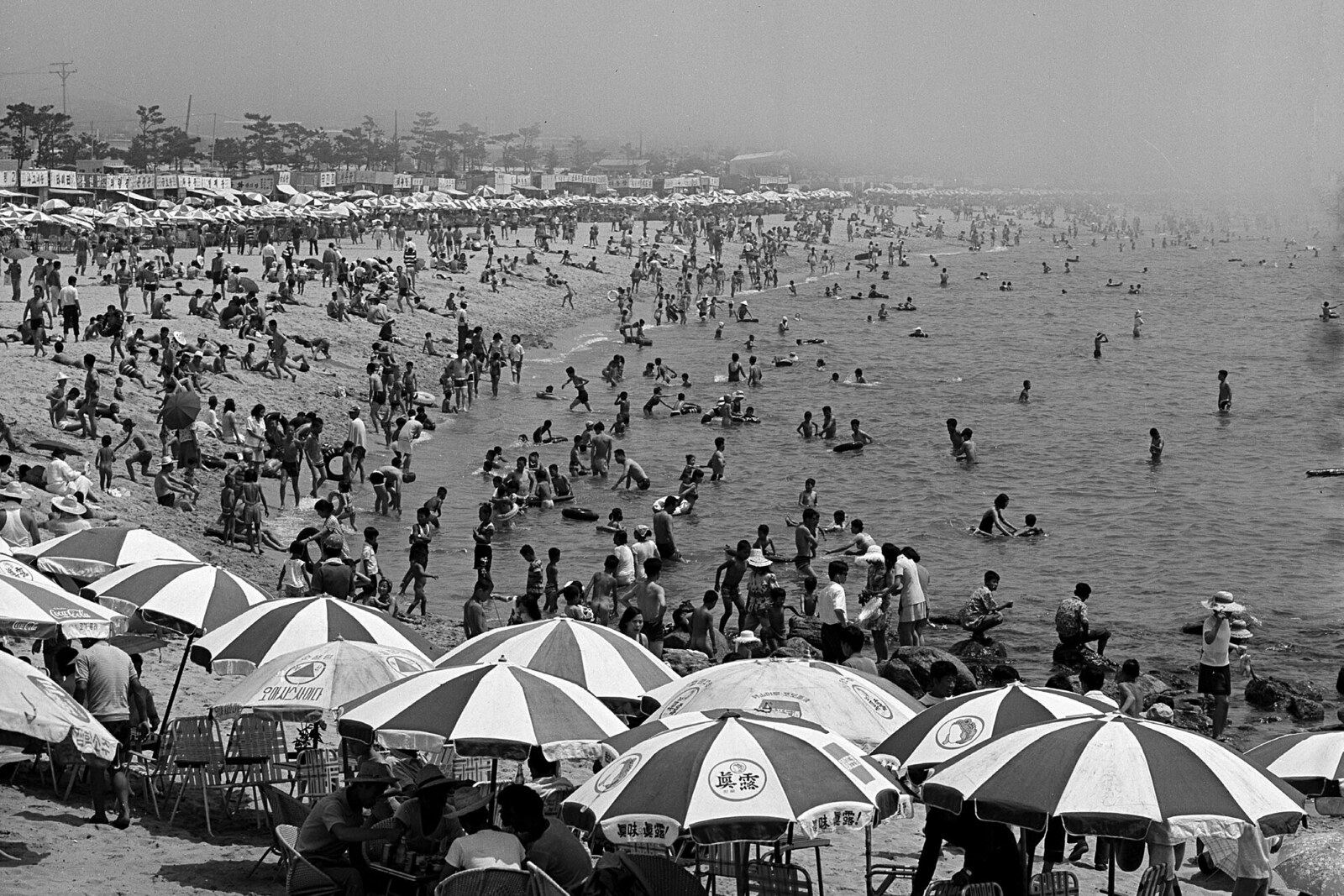 A black-and-white photograph of Haeundae Beach crowded with people, taken in 1973